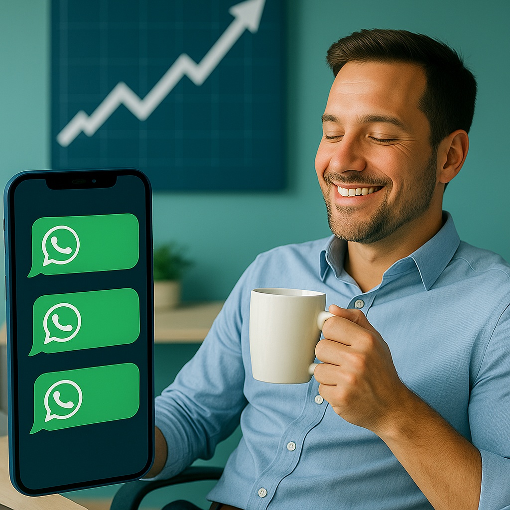 ela de celular com notificações de mensagens do WhatsApp chegando, ao fundo um gráfico subindo. Pessoa relaxando com um café, sorridente.