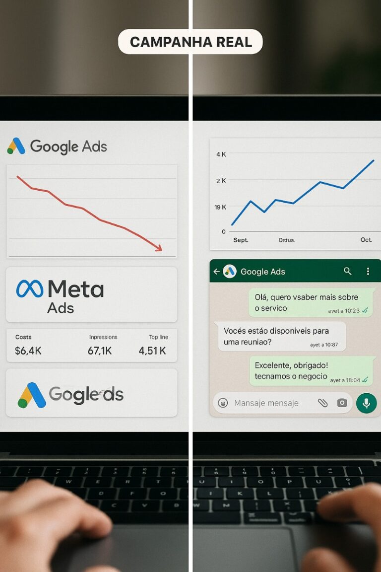 Antes e depois em tela dividida: gráfico caindo vs. gráfico subindo. Ao lado, prints do Google Ads, Meta Ads e WhatsApp com mensagens de clientes chegando