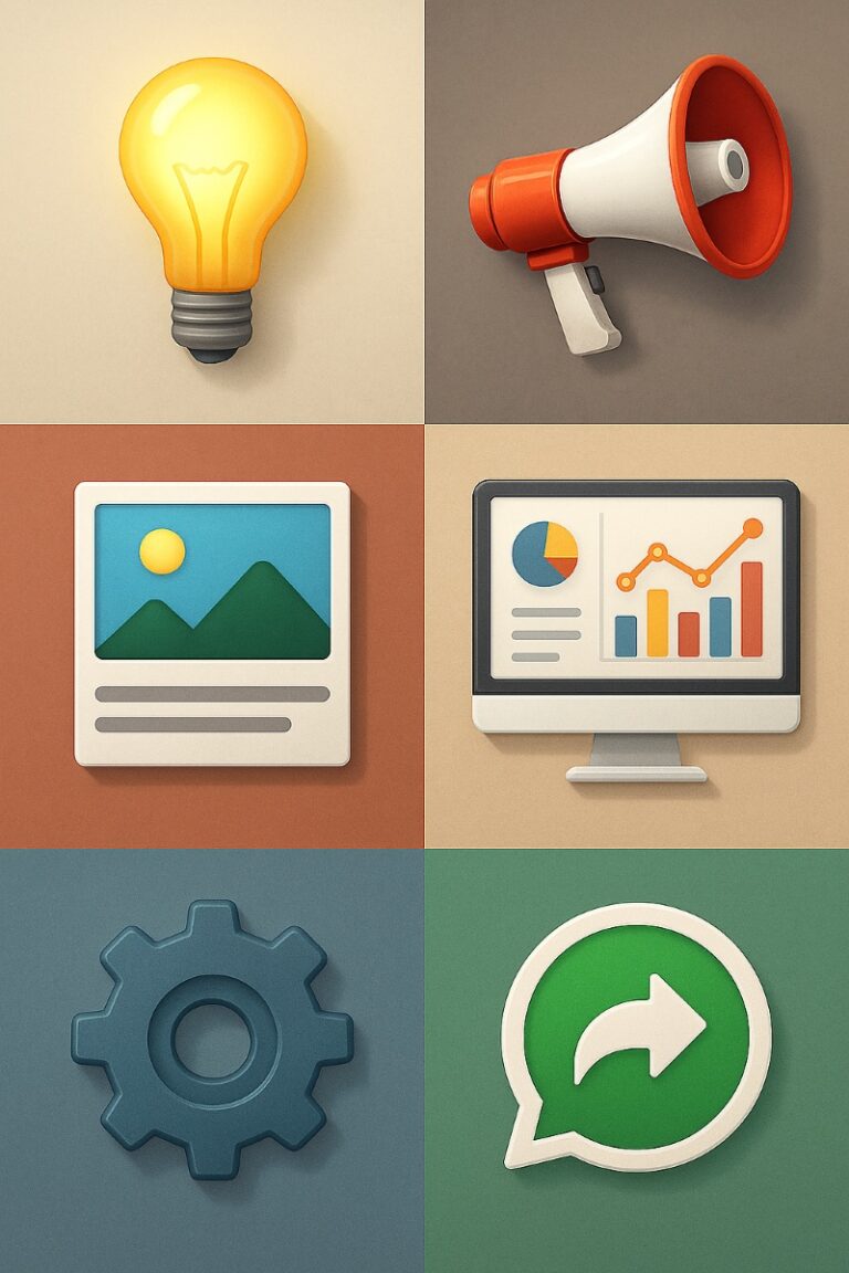 Grid com 6 ícones representando as etapas: lâmpada (estratégia), megafone (campanhas), imagem e texto (artes), engrenagem (otimização), dashboard (relatório), seta no WhatsApp (integração).