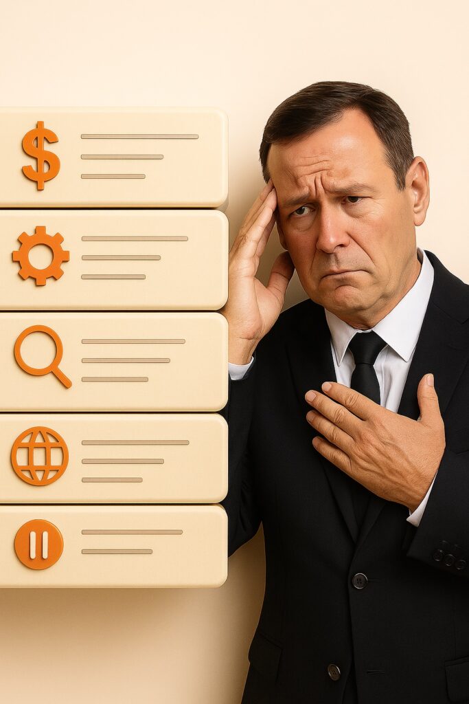 Três caixas com frases clássicas de dúvida em destaque, e abaixo cada uma 