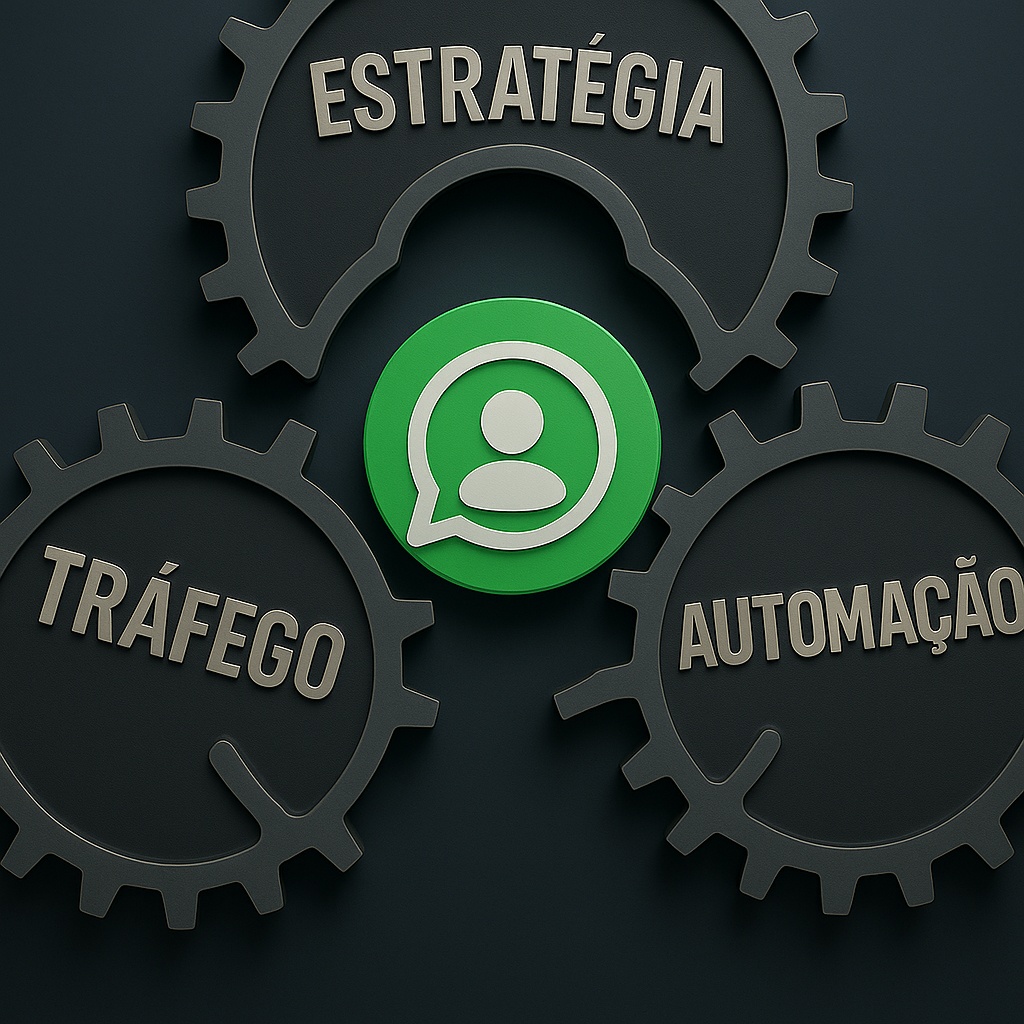 Engrenagem com três camadas se conectando: Estratégia, Tráfego e Automacão. No centro, ícone de cliente entrando no WhatsApp
