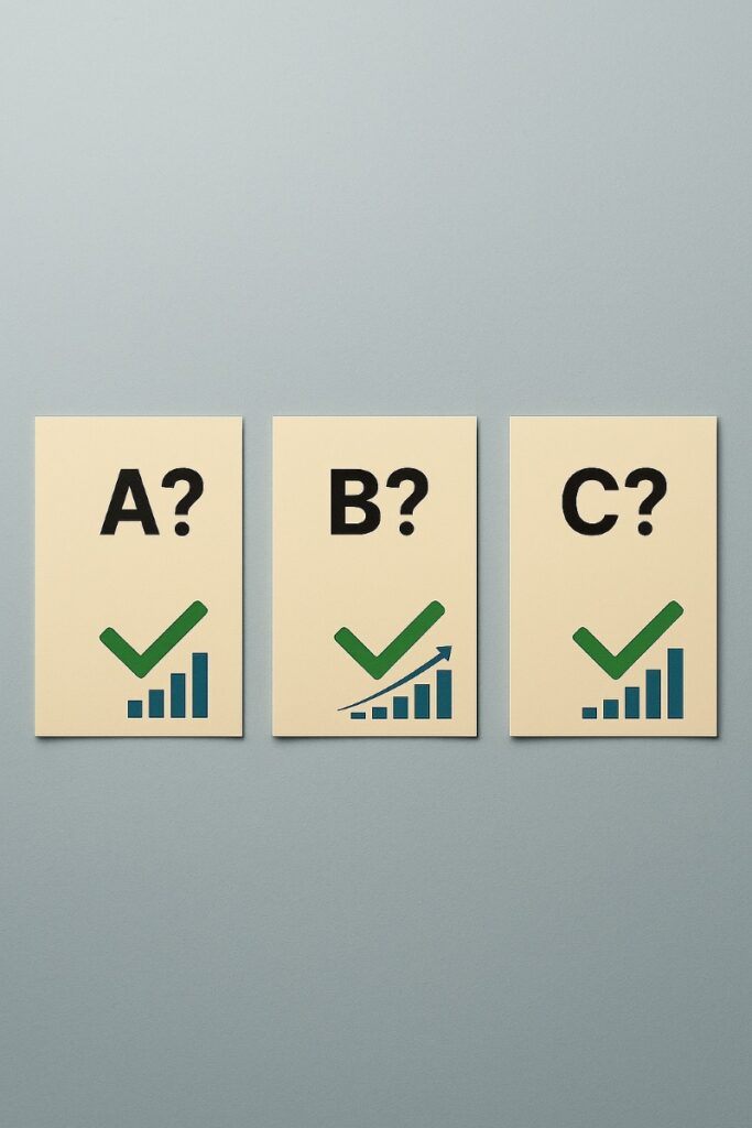 Ícones pequenos representando cada pergunta: cifrão, engrenagem, lupa, mundo, botão paus