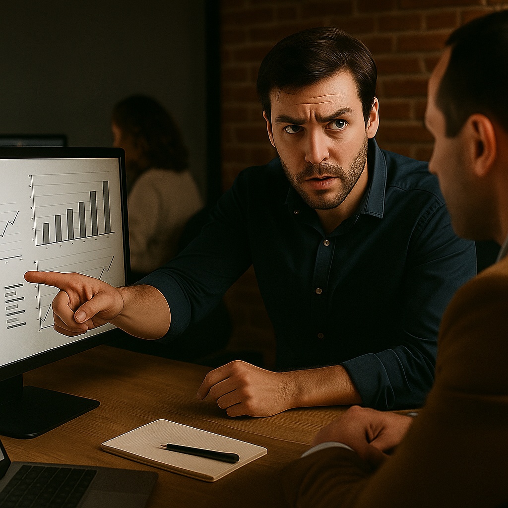 Time da Agência Holodeck em ação — um especialista explicando o plano para o cliente com telas e gráficos abertos