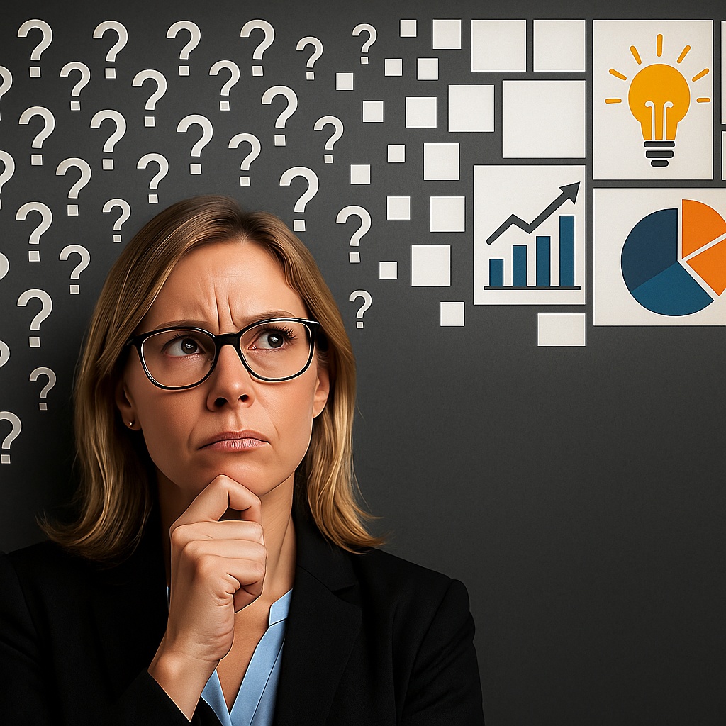 Mulher de negócios, loira, de óculos com dúvidas olhando para cima e com um mosaico com ícones de dúvida (interrogação) se transformando em respostas e gráficos de resultado sobre sua cabeça.