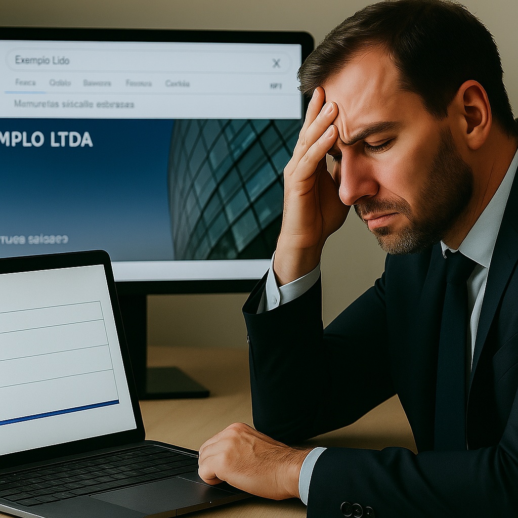 Empresário frustrado olhando para gráfico de acessos zerado, enquanto ao fundo aparece o site da empresa dele no ar, mas sem destaque no Google.