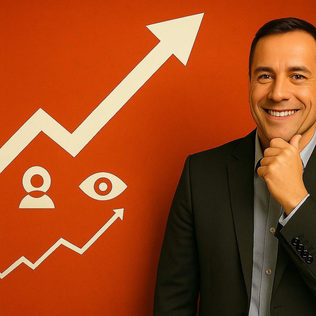 Homem de negócios ao lado de gráfico genérico de crescimento com ícones de busca, leads e visibilidade. Sem menção a nomes ou cases específicos.