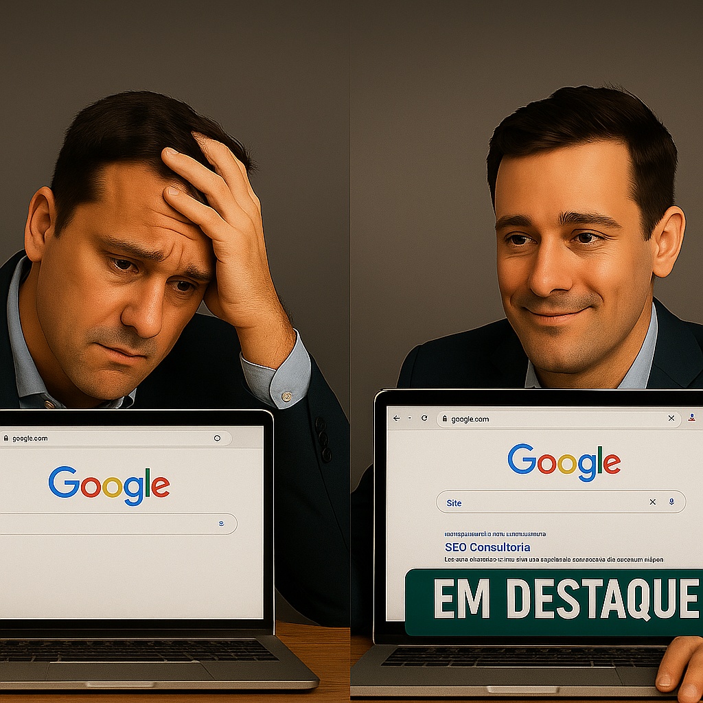 Um comparativo visual entre dois sites — um com destaque na busca do Google e outro sem nenhuma presença