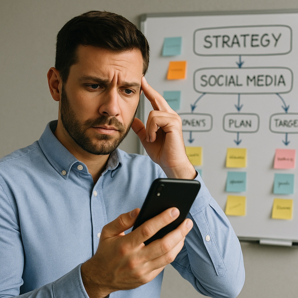 Pessoa segurando o celular com expressão de dúvida, enquanto no fundo um quadro branco com um plano estratégico bem organizado.