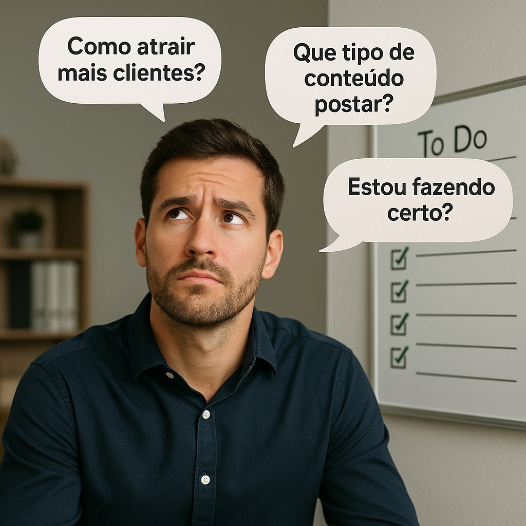 Jovem empresário com expressão de dúvida, olhando para cima com Três balões de fala com dúvidas reais e ao lado um quadro de tarefas com check verde nas ações implementadas.