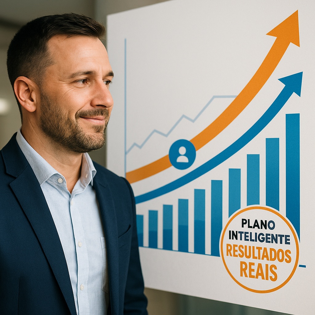 Gráfico fictício ilustrando crescimento de métricas, com setas ascendentes e destaques em azul e laranja. Selo 