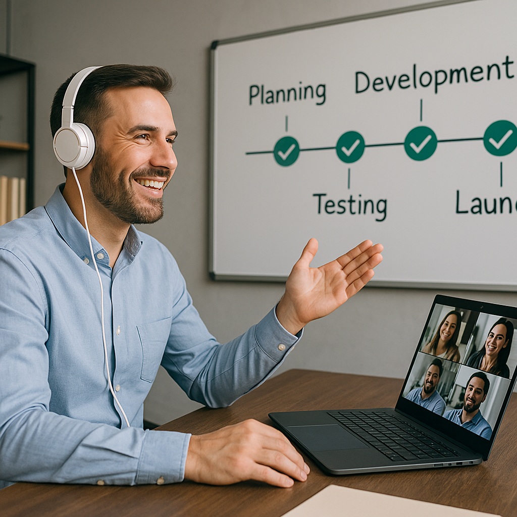 Pessoa em call com equipe da Agência Holodeck, sorrindo e olhando para um painel com etapas do projeto. Ao fundo, timeline com check verde em cada fase.