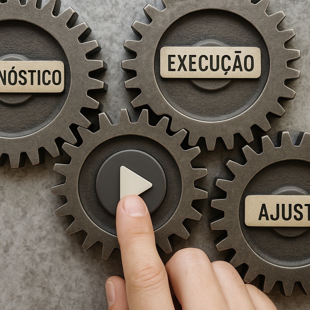 Engrenagens se conectando com etiquetas “diagnóstico”, “fluxo”, “execução”, “ajuste”. No centro, um botão de play sendo acionado por um usuário comum