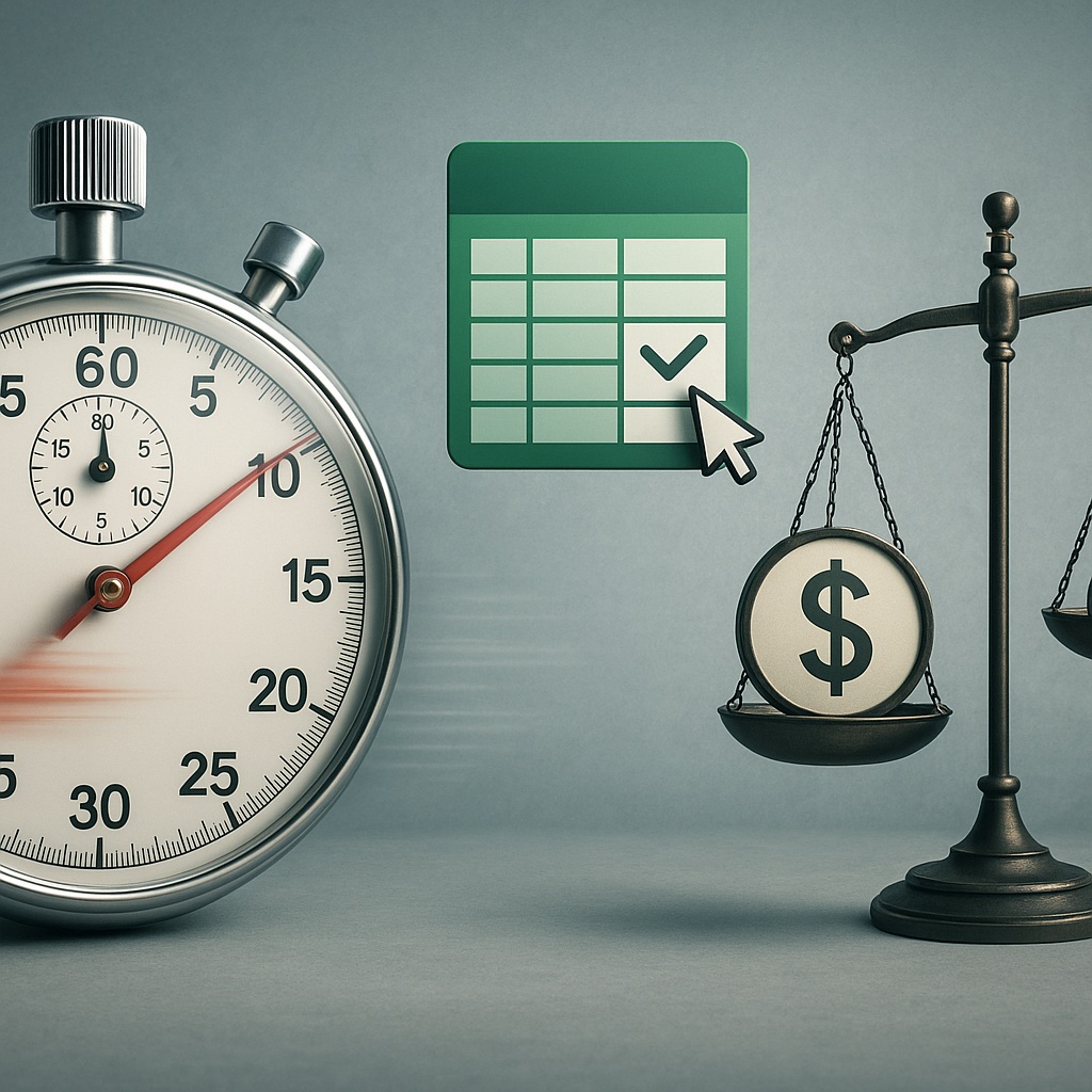 Relógio acelerando, ícone de planilha se autocompletando, e uma balança mostrando “tempo x dinheiro” equilibrados.