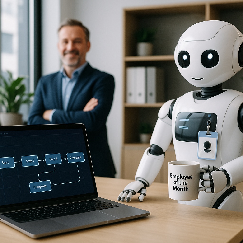 Um escritório moderno, iluminado, com uma cadeira vazia e um notebook trabalhando sozinho: na tela, fluxos de tarefas sendo executados automaticamente. Ao lado, um robô simpático com crachá de “Funcionário do Mês” segura uma xícara de café. No fundo, o gestor observa sorridente, relaxado, com os braços cruzados.
