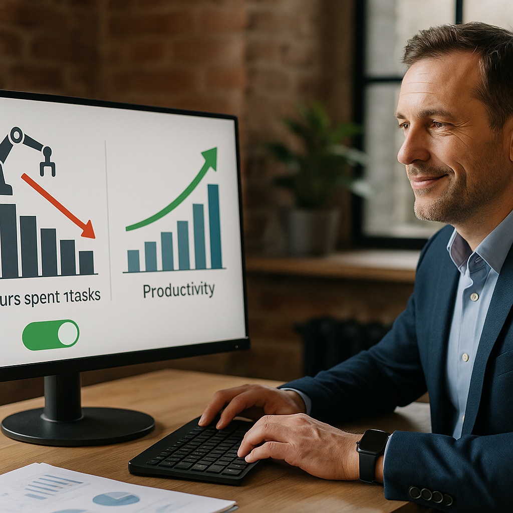 Gráfico animado de queda de horas gastas em tarefas manuais e aumento na produtividade. Ao lado, ícone de automação ativada com representação visual simples e direta do “antes e depois”.