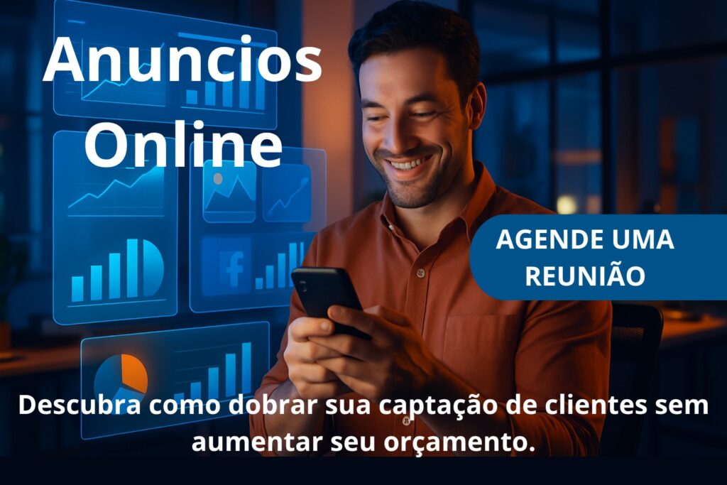 Empreendedor confiante sorri ao receber leads no celular, sentado(a) à mesa de escritório moderna com painéis flutuantes mostrando gráficos de alta CTR e ROI. Tela ao fundo exibe campanhas no Google e Meta performando.