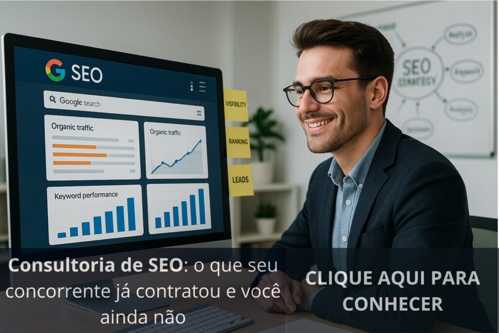 Estratégista de marketing diante de dashboard de SEO com rankings em alta no Google, gráficos de crescimento de tráfego e clusters de palavras-chaves. Quadro branco ao fundo com diagramas de SEO. Ambiente limpo, iluminação branca e moderna.