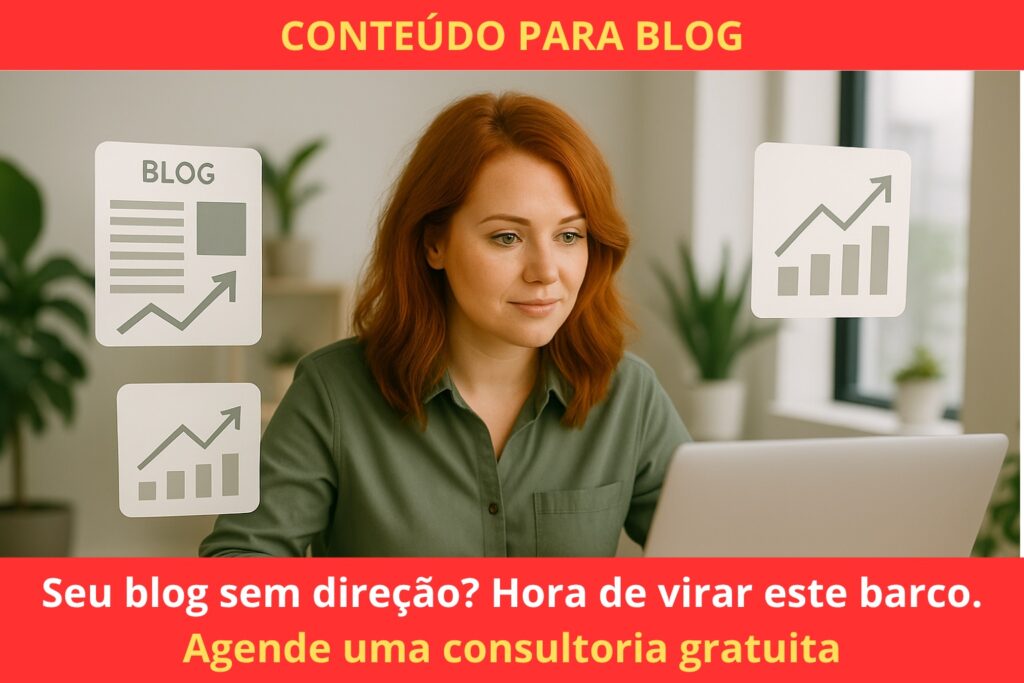 Conteudista trabalhando concentrado(a) no laptop, em escritório criativo com plantas. Visualizações flutuantes de posts sendo publicados, gráficos de tráfego subindo, notas de palavras-chave ao lado. Estilo clean, tons suaves e leve.