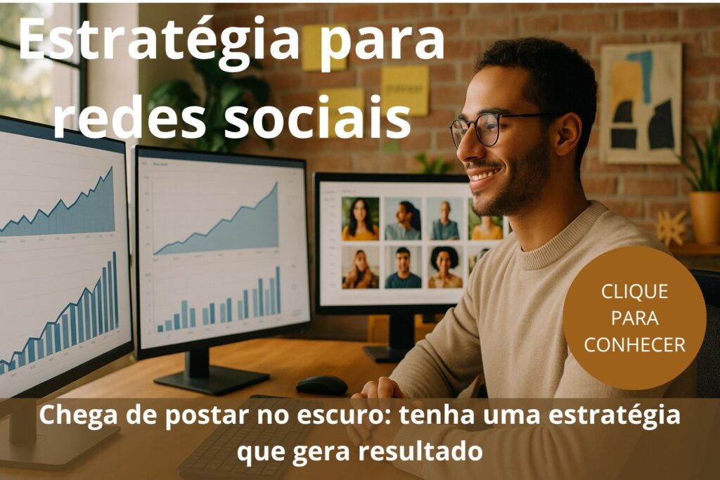Profissional de social media analisando métricas em várias telas, com gráficos de engajamento e alcance em alta. Ao redor, posts sendo agendados, post-its com palavras como “engagement”, “strategy” e “authority”. Ambiente criativo, com plantas e iluminação natural.
