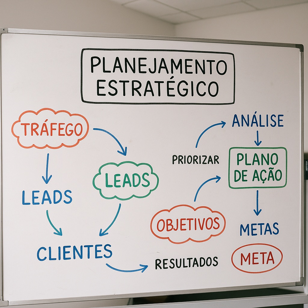 Quadro branco com um plano de ação desenhado com canetas coloridas, palavras como 