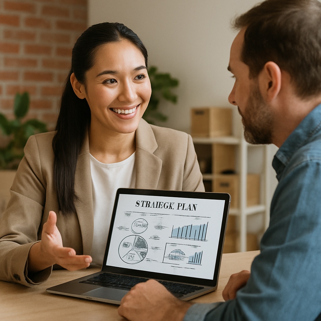 Consultora apresentando um plano estratégico em notebook para um cliente em reunião