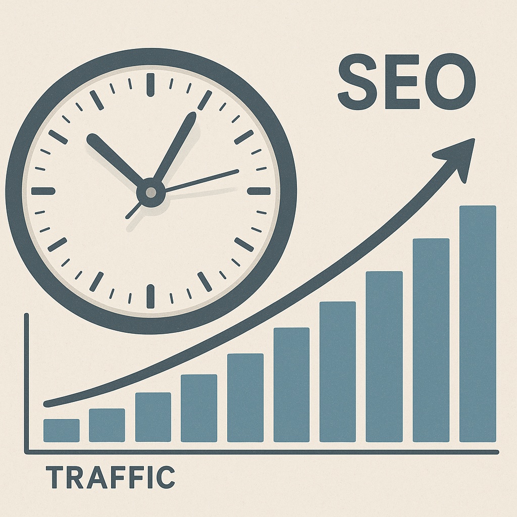 Um relógio com ponteiros girando e ao lado um gráfico de tráfego subindo aos poucos — mostrando o efeito cumulativo do SEO