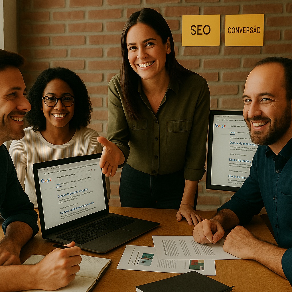 Equipe da Agência Holodeck reunida em um ambiente criativo, com telas mostrando sites/blogs de clientes em destaque nos mecanismos de busca. No fundo, post-its com palavras como: 