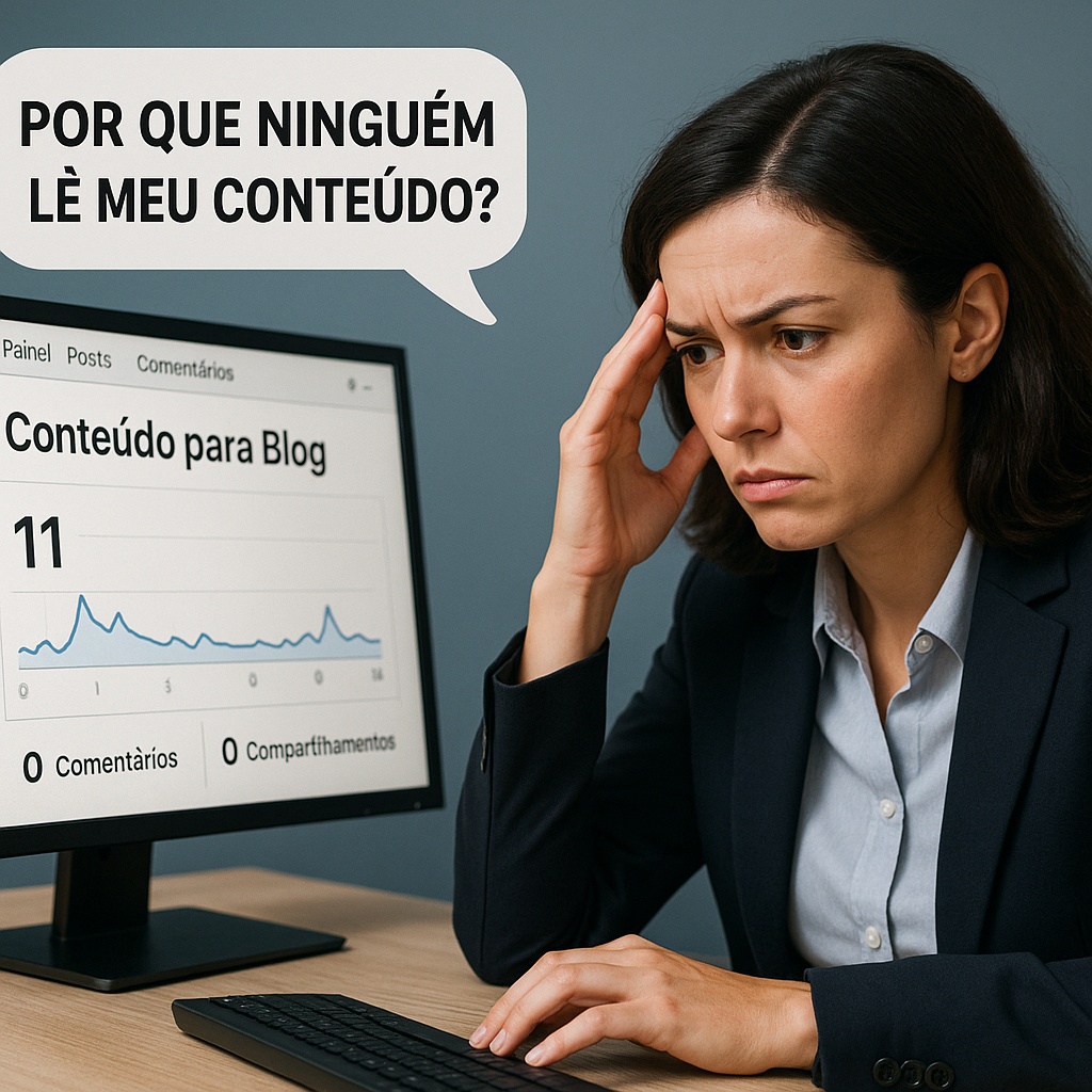 Uma mulher de negócios olhando confusa para o painel de um blog com baixos acessos, poucos comentários e nenhuma interação. Balões com perguntas como 