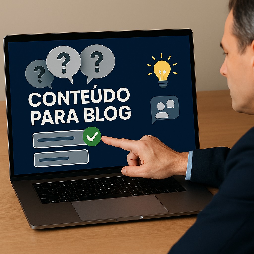 Ilustração de uma tela de notebook com balões de perguntas flutuando acima, enquanto um profissional aponta para uma resposta em destaque com check verde. Ao lado, ícones representando clareza e suporte.