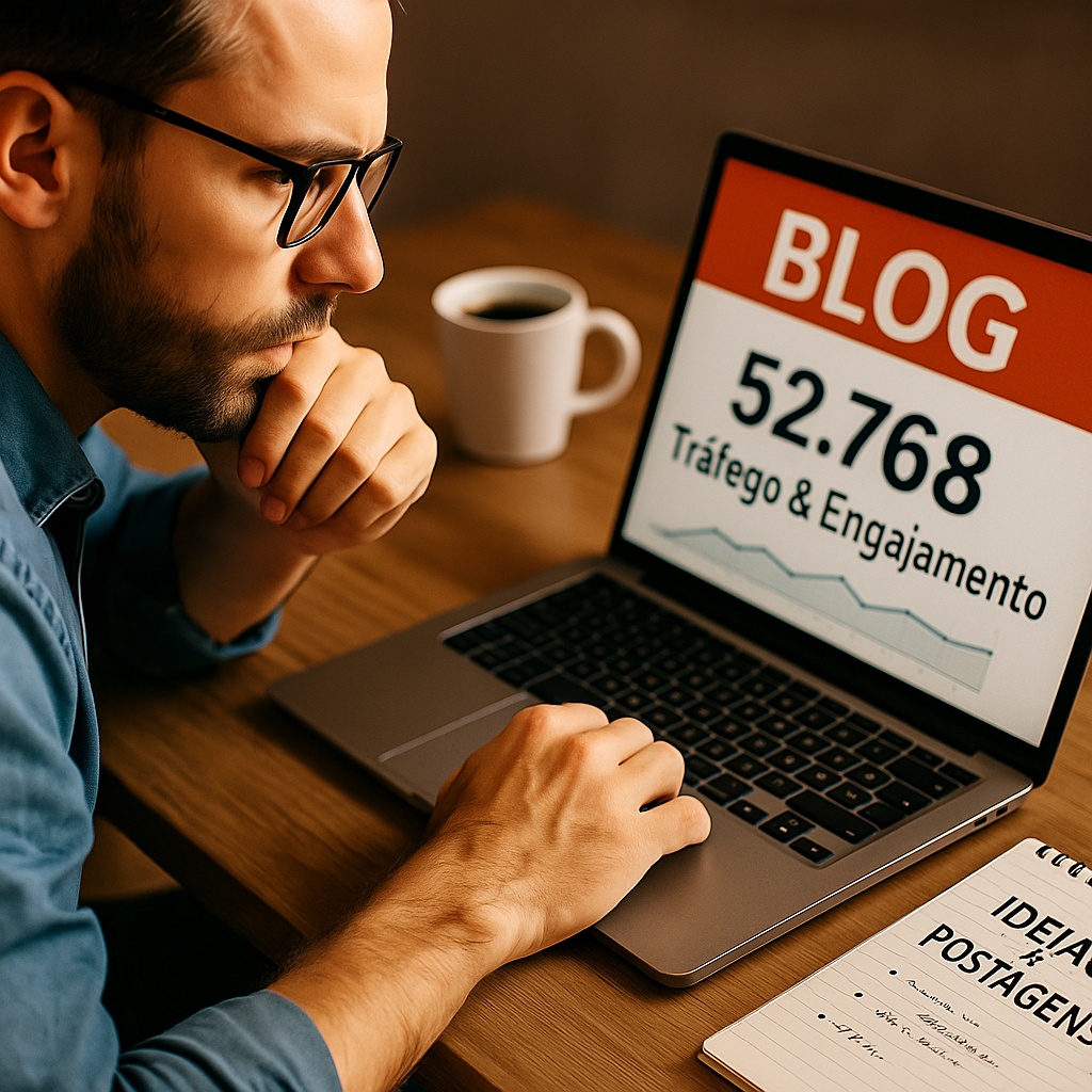 Um profissional de marketing analisando gráficos de tráfego e engajamento em um notebook, com destaque para uma tela de blog com alto número de acessos. Ao fundo, uma xícara de café e um bloco de anotações com ideias de postagens.