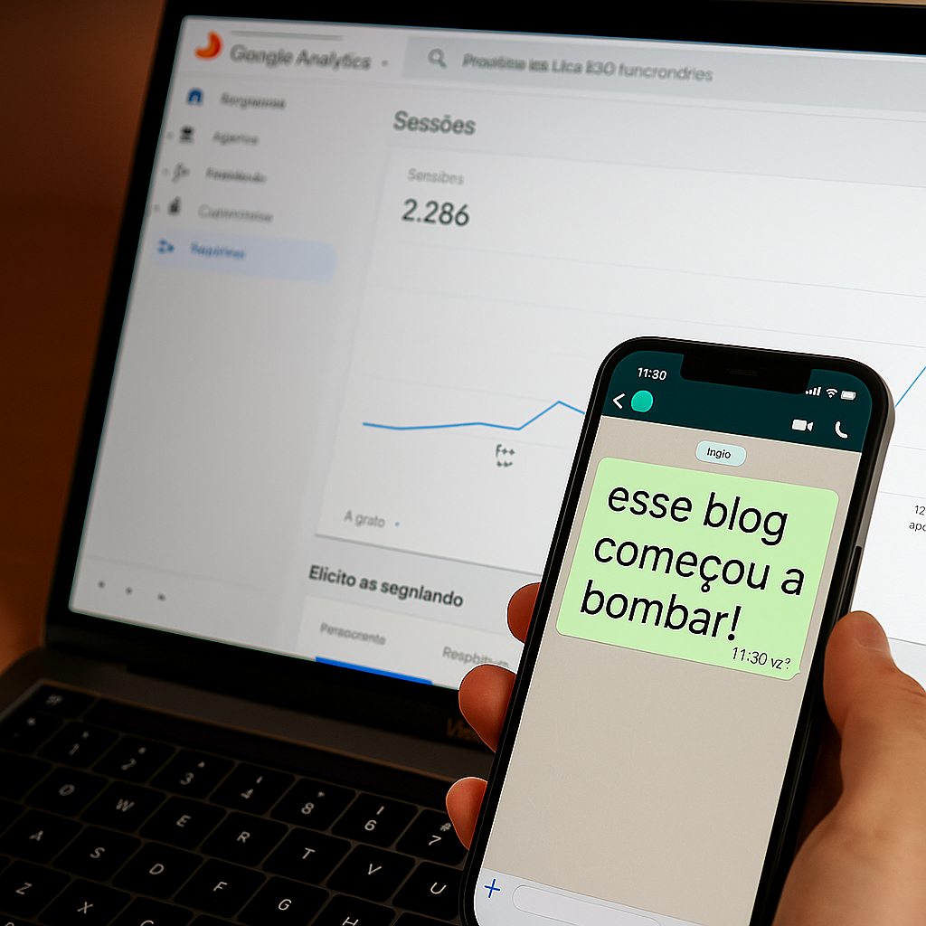 Print de gráfico do Google Analytics com curva ascendente + imagem de WhatsApp com cliente dizendo 
