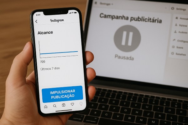 Tela de celular com botão azul de “impulsionar postagem” em destaque e um gráfico de alcance estagnado.