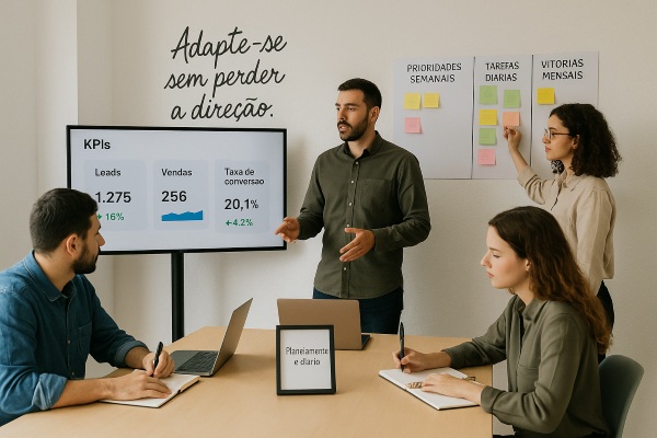 Equipe de pequeno negócio reunida em escritório moderno, analisando indicadores de performance e atualizando um mural com tarefas e prioridades da semana. A cena transmite rotina estratégica, colaboração e flexibilidade para lidar com mudanças no dia a dia.