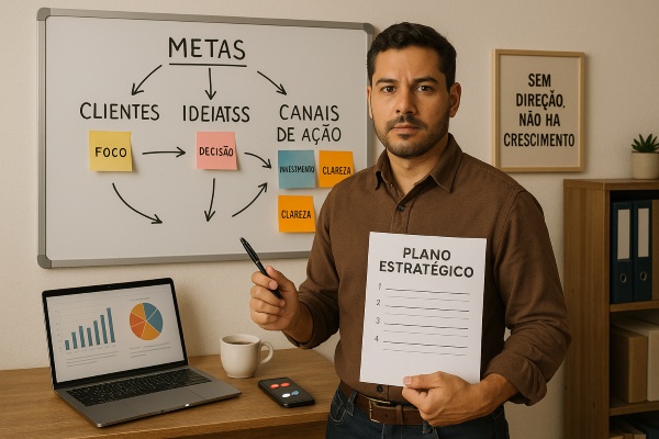 Pequeno empresário em pé diante de um quadro branco com mapa estratégico visual, refletindo sobre objetivos, público-alvo e ações. O ambiente transmite foco, organização e planejamento. Na mesa, laptop com gráficos, celular com notificações e folha com o título ‘Plano de Estratégia’. Cena representa o momento de virada para aplicar a estratégia certa em pequenos negócios.