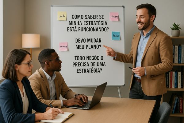 Uma cena em um escritório de pequeno porte, com aparência moderna e acolhedora. No centro, vemos um empreendedor (homem) e uma empreendedora (mulher) sentados à mesa de reuniões, ambos com expressões curiosas e engajadas, consultando um notebook e folheando um caderno com anotações.