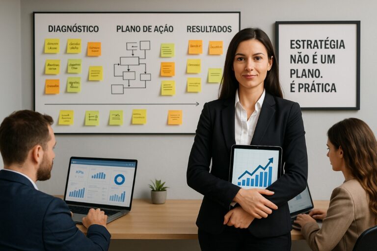 Empreendedor de pequeno negócio em ambiente estratégico, ao lado de uma parede com mapa visual de diagnóstico, plano de ação e resultados.