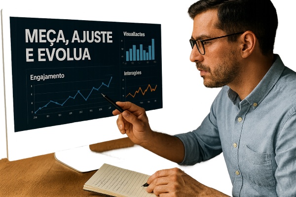 Pessoa analisando métricas em uma tela com gráficos de engajamento, visualizações e interações. Ela segura uma caneta e faz anotações sobre o desempenho das publicações.