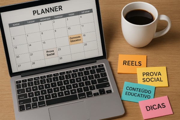Visão superior de uma mesa organizada com planner digital aberto no notebook, uma xícara de café ao lado e postagens organizadas por tema em papéis coloridos. Há datas marcadas como “Reels”, “Prova Social”, “Conteúdo Educativo”.