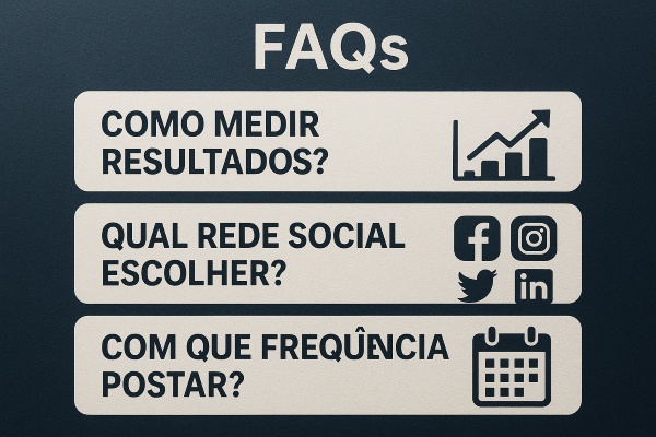 Close em uma tela dividida com perguntas em destaque como “Como medir resultados?”, “Qual rede social escolher?”, “Com que frequência postar?” com ícones de redes sociais e gráfico de evolução.