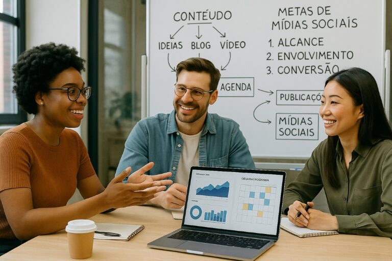Equipe planejando como criar uma estratégia de redes sociais com calendário e metas.
