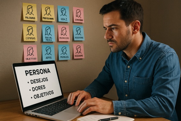 Pessoa sentada em frente a um laptop, com anotações visíveis sobre “persona”, “desejos”, “dores” e “objetivos”. Há post-its coloridos colados na parede com perfis de público e insights de comportamento digital.