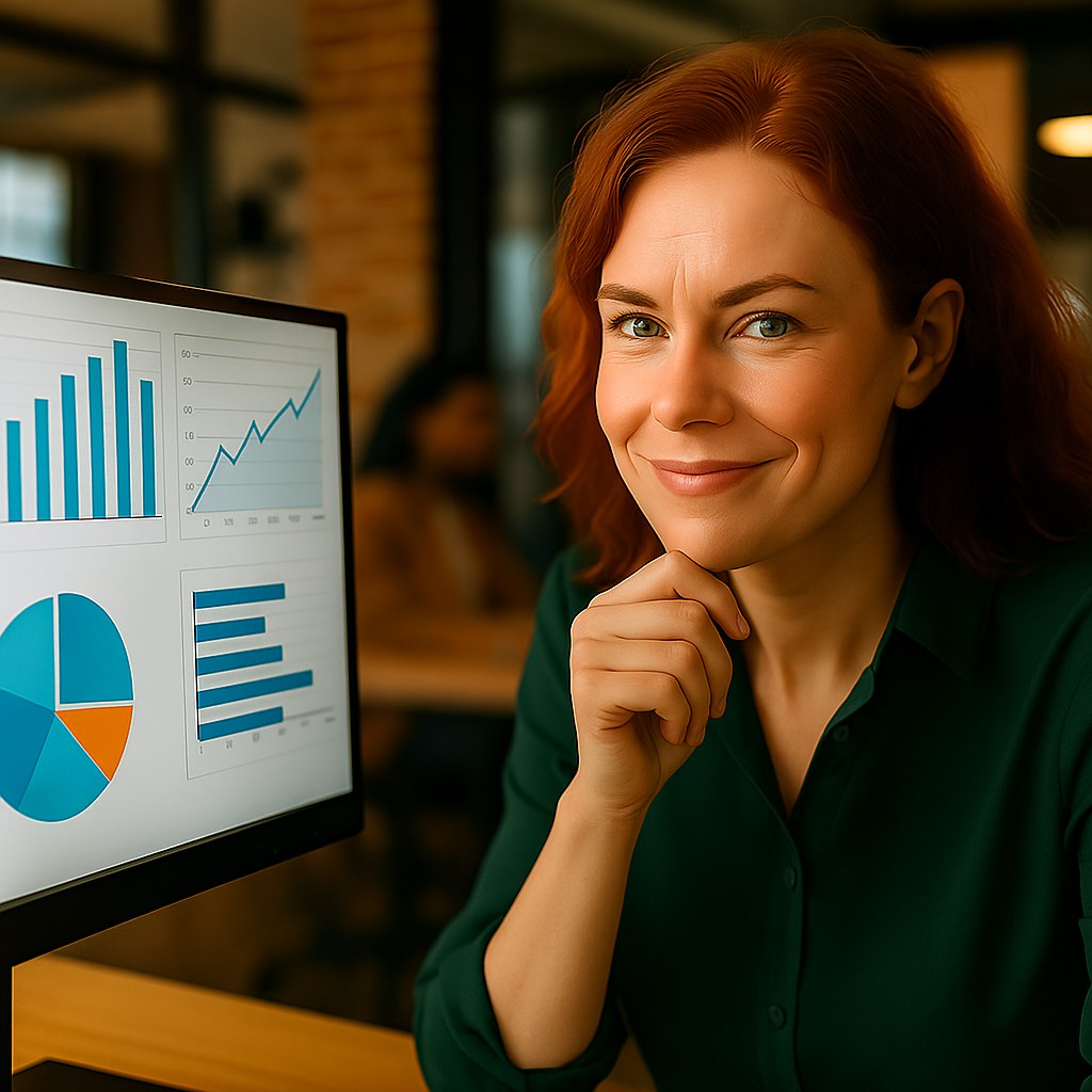 Mulher de negócios confiante e sorrindo com tela de computados com diversos gráficos