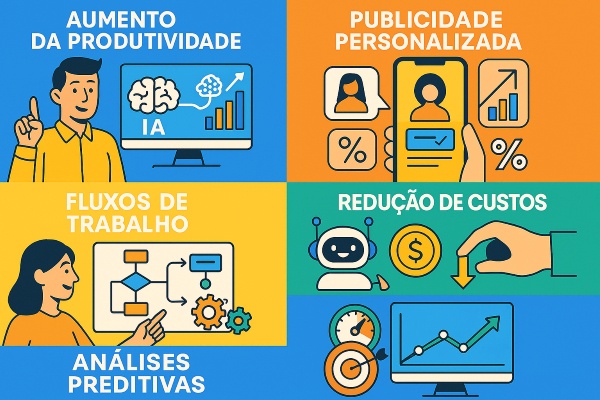 Uma sequência dinâmica que apresenta os principais benefícios da IA no marketing: aumento de produtividade, publicidade personalizada, fluxos de trabalho automatizados, redução de custos e análise preditiva. As cenas apresentam painéis inteligentes, automações de marketing, chatbots e otimização de campanhas em tempo real. Animação vibrante e motivacional, inspirada em infográficos.