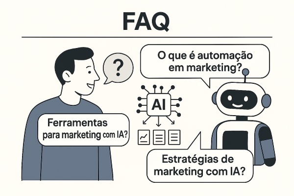Um FAQ animado com assistentes digitais com tecnologia de IA respondendo a perguntas sobre automação de marketing, ferramentas e estratégias. Sobreposições tipográficas limpas, ilustrações simplificadas de fluxos de trabalho de IA e interações amigáveis entre humanos e IA. Design claro, tranquilo e envolvente.