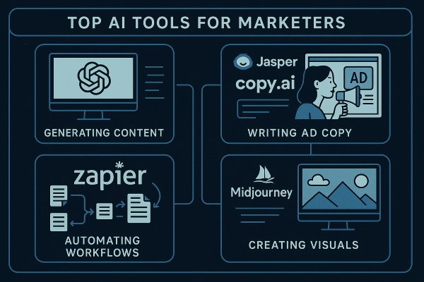 Visão geral animada das principais ferramentas de IA para profissionais de marketing: ChatGPT gerando conteúdo, Jasper e Copy.ai escrevendo textos publicitários, Zapier automatizando fluxos de trabalho, Midjourney criando visuais. Cada ferramenta aparece com recursos identificados e cenários de marketing reais em uma interface tecnológica estilizada. Animação clara, informativa e centrada em tecnologia.