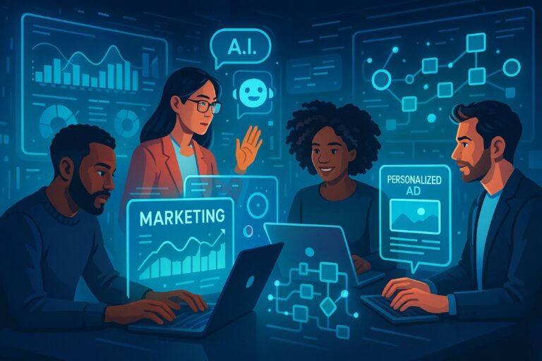 Um espaço de trabalho de marketing futurista, impulsionado por inteligência artificial, apresentando uma equipe diversificada de profissionais utilizando painéis holográficos, chatbots, análise de dados e ferramentas criativas de IA. Um ambiente digital elegante com interfaces vibrantes, conteúdo publicitário personalizado e fluxos de trabalho de automação visual. Ênfase na colaboração entre humanos e IA, na energia moderna de startups e na vibrante atmosfera de marketing digital. Estética clean, inspiradora e voltada para a tecnologia.