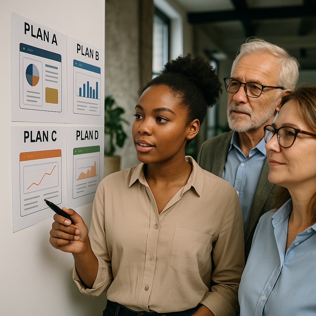 Três empreendedores comparando planos do Projeto MEI em sala moderna