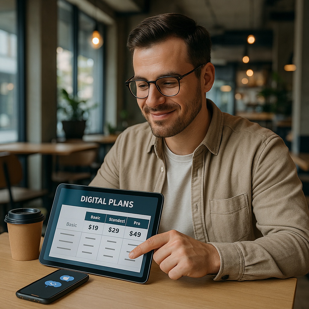 Empreendedor escolhendo plano do Projeto MEI em café com celular recebendo notificações