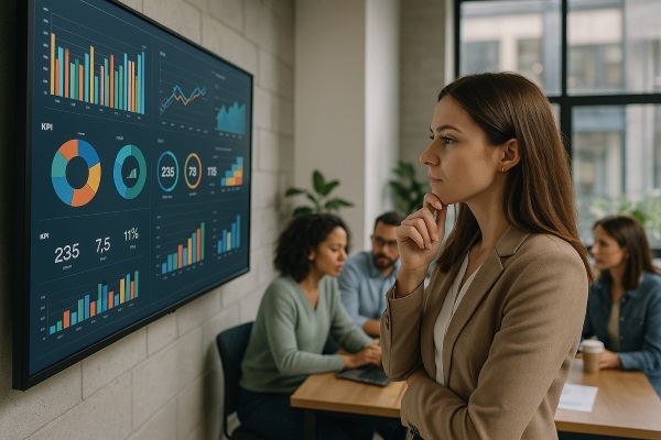 Mulher analisando um painel de métricas em uma tela grande com gráficos e KPIs coloridos. Ao fundo, uma equipe pequena colaborando. Ambiente de escritório compacto e moderno, luz natural, estilo realista. A imagem transmite análise estratégica, foco em dados e tomada de decisão consciente