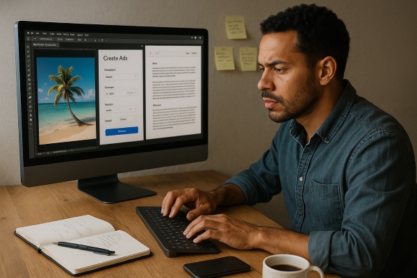 Empreendedor local sentado à frente de um computador, com várias janelas abertas na tela: editor de imagens, plataforma de anúncios, editor de texto. Ambiente com anotações, café e celular ao lado. A expressão é de foco e criatividade. Estilo realista, iluminação de trabalho, transmitindo execução prática